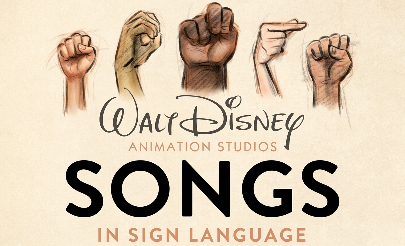 Locandina ufficiale Walt Disney Animation Studios del progetto Songs in Sign Language sull'accessibilità culturale: mani che eseguono segni in lingua dei segni americana (ASL) con diverse tonalità di pelle, illustrate in stile schizzo a matita.